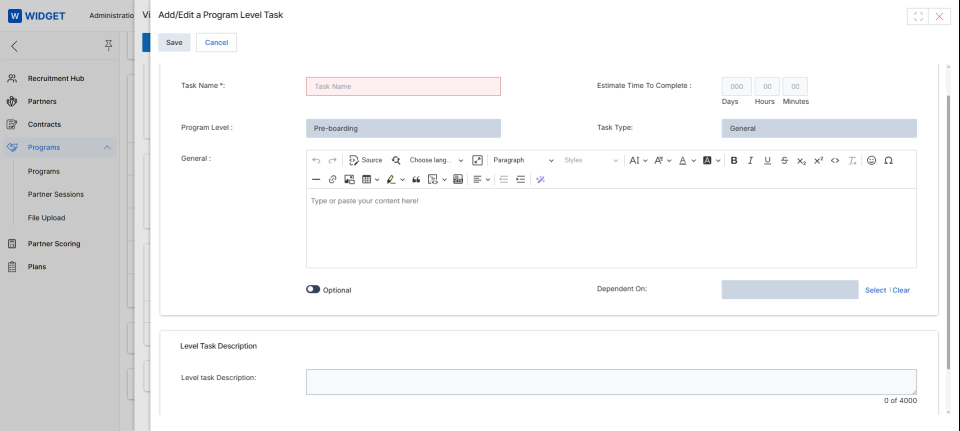 Add/Edit a Program Level Task form