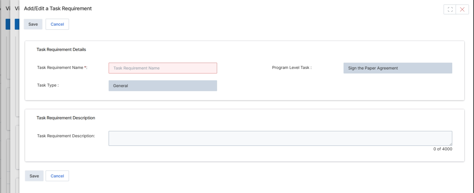 Add/Edit a Task Requirement form