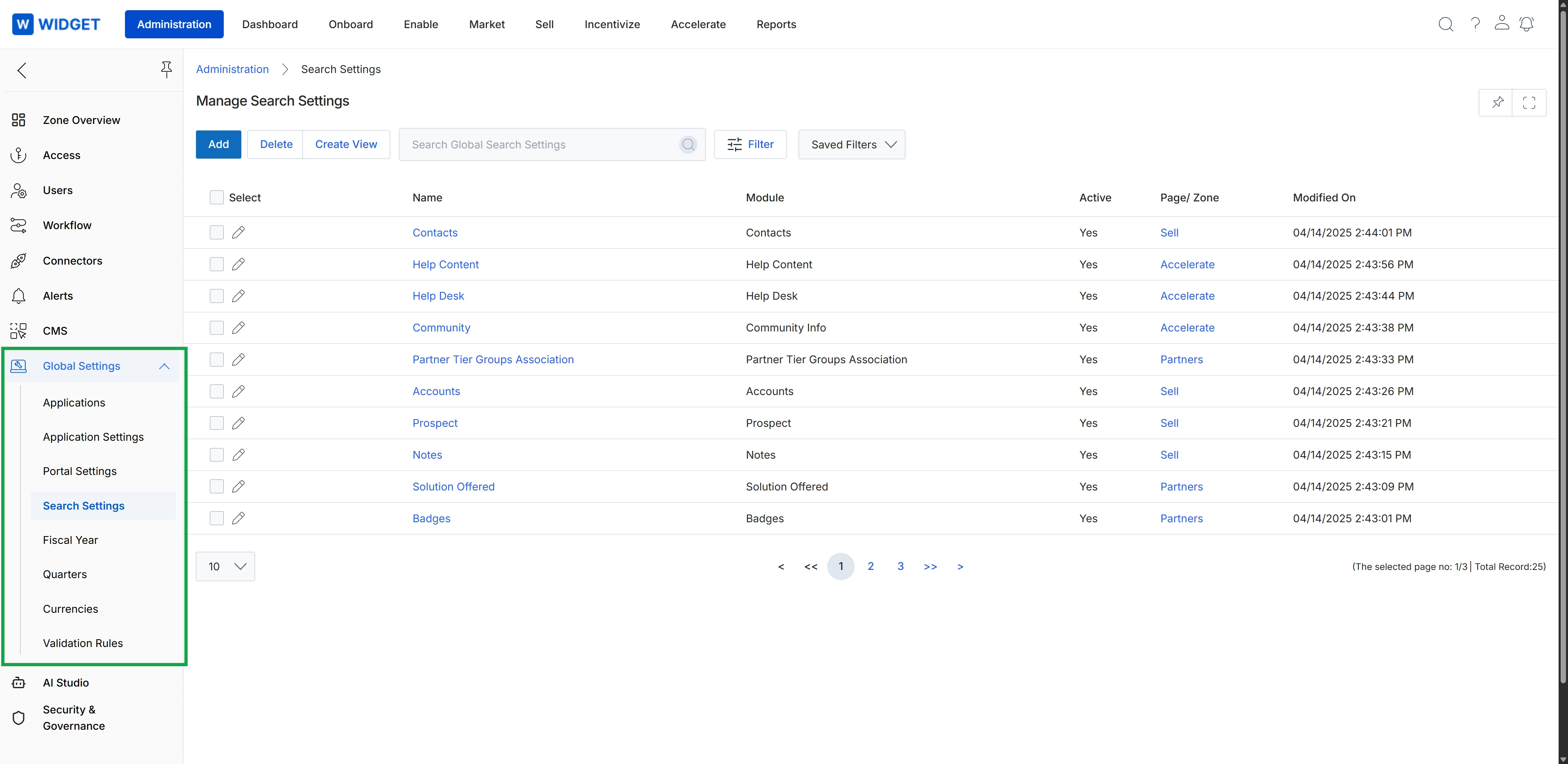 Global Settings menu expanded with Search Settings highlighted