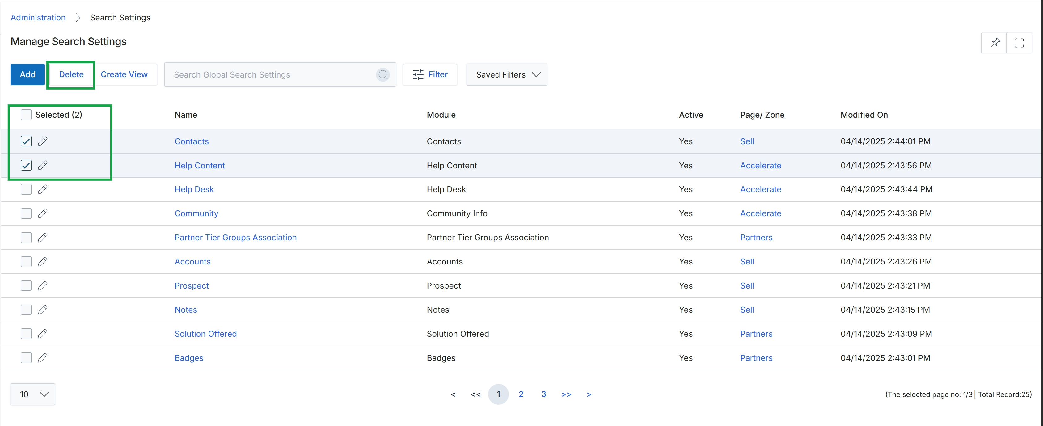 Manage Search Settings page with items selected