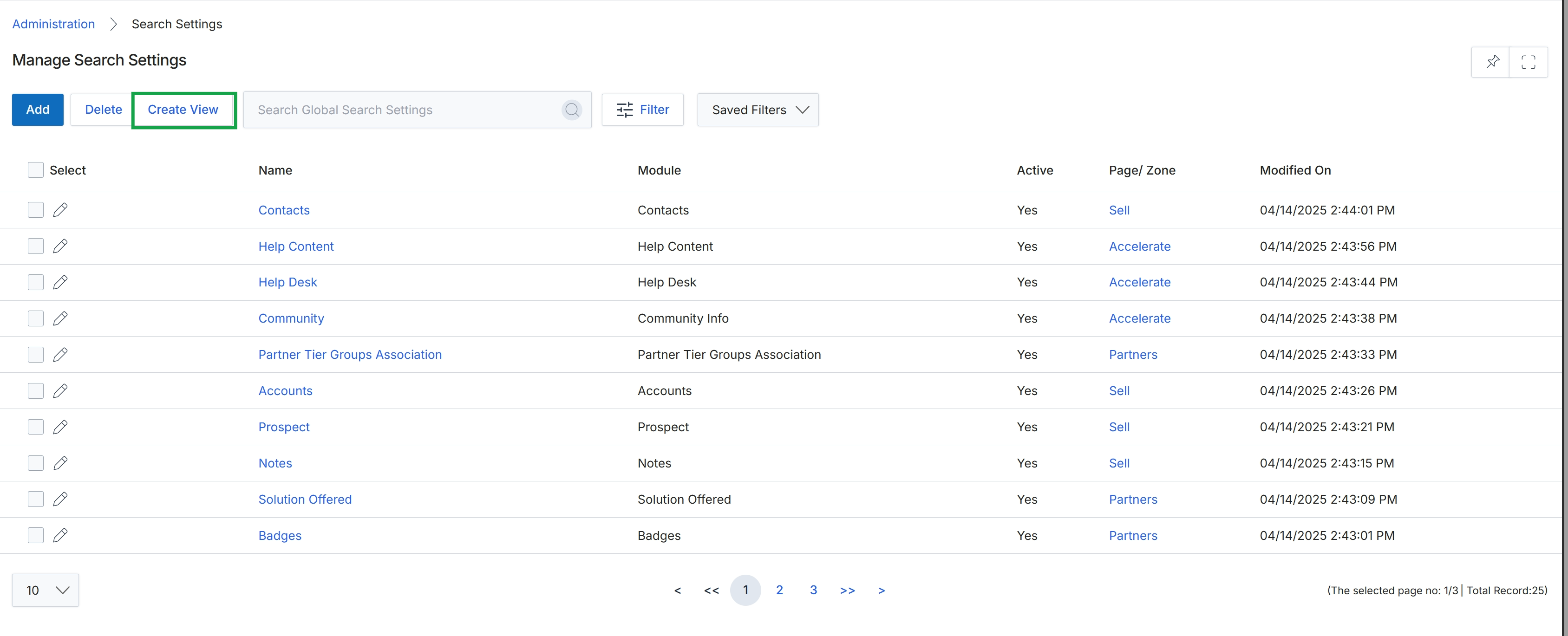 Manage Search Settings list view