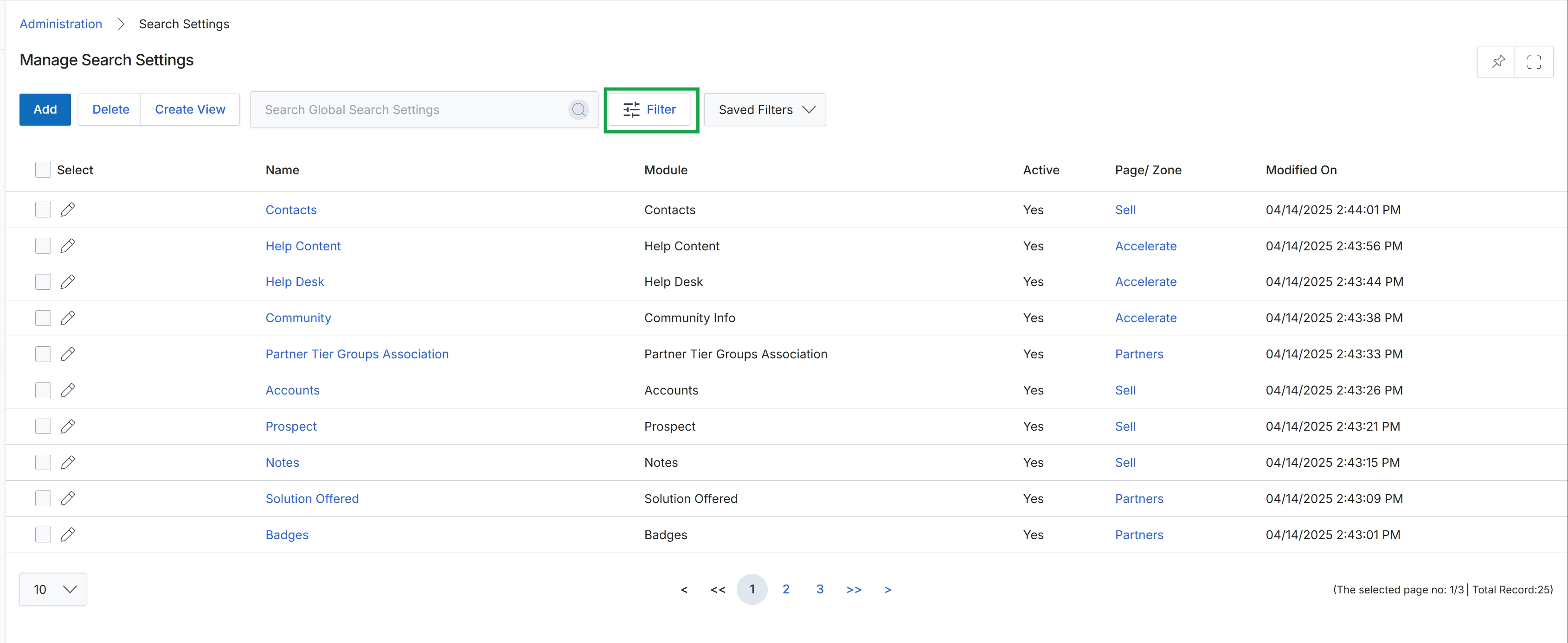 Manage Search Settings list view