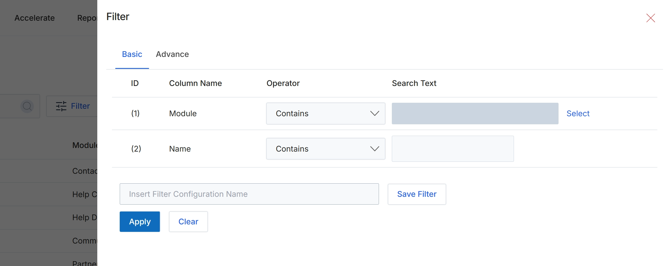 Filter dialog for search settings