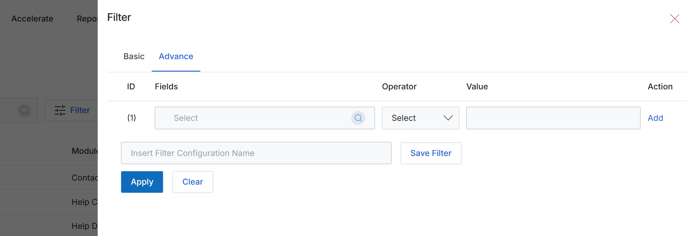 Filter dialog with Advance tab selected