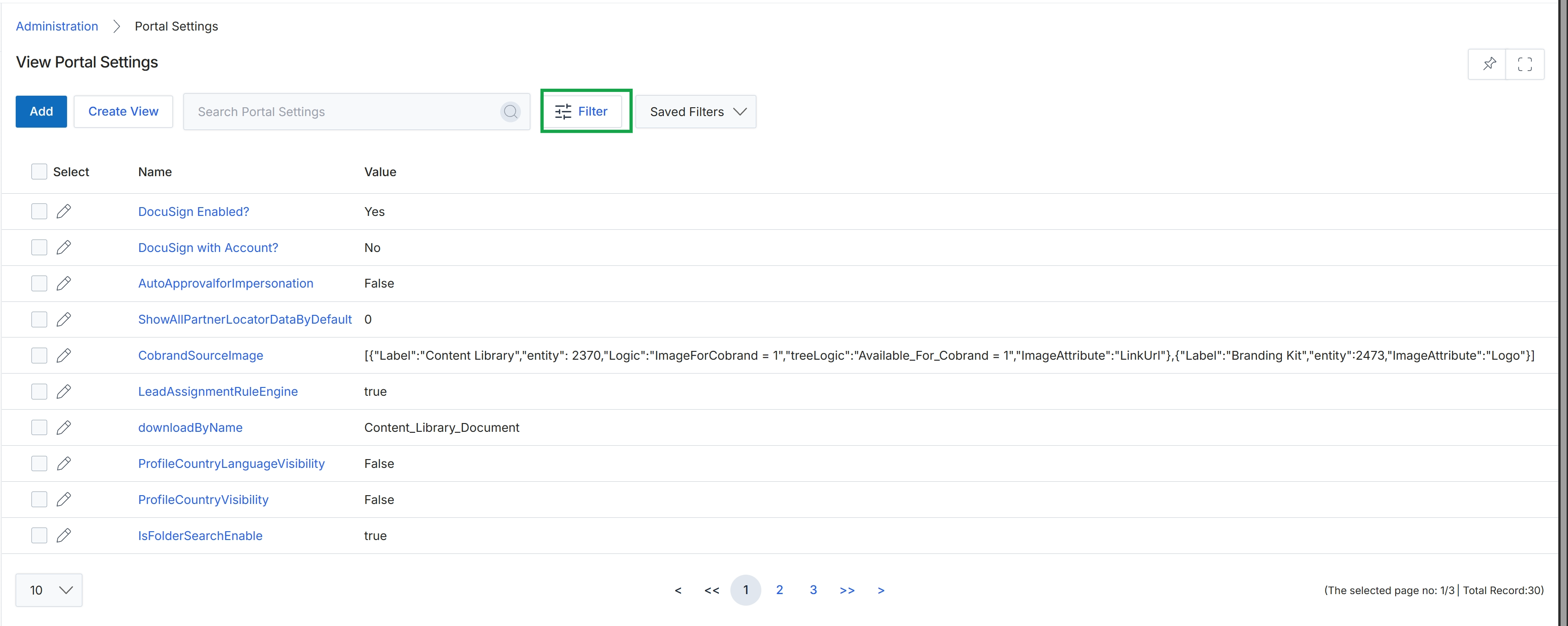 View Portal Settings page with filter button highlighted