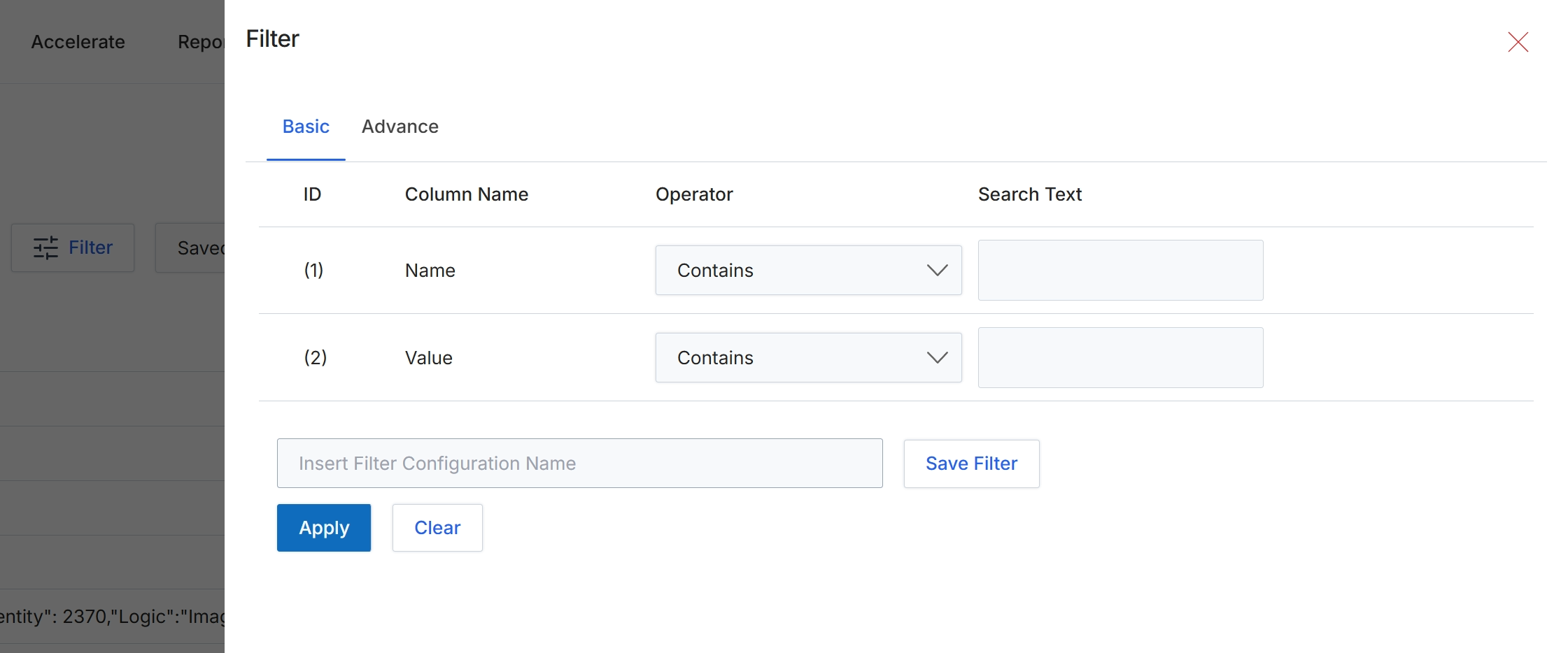 Filter dialog for list view