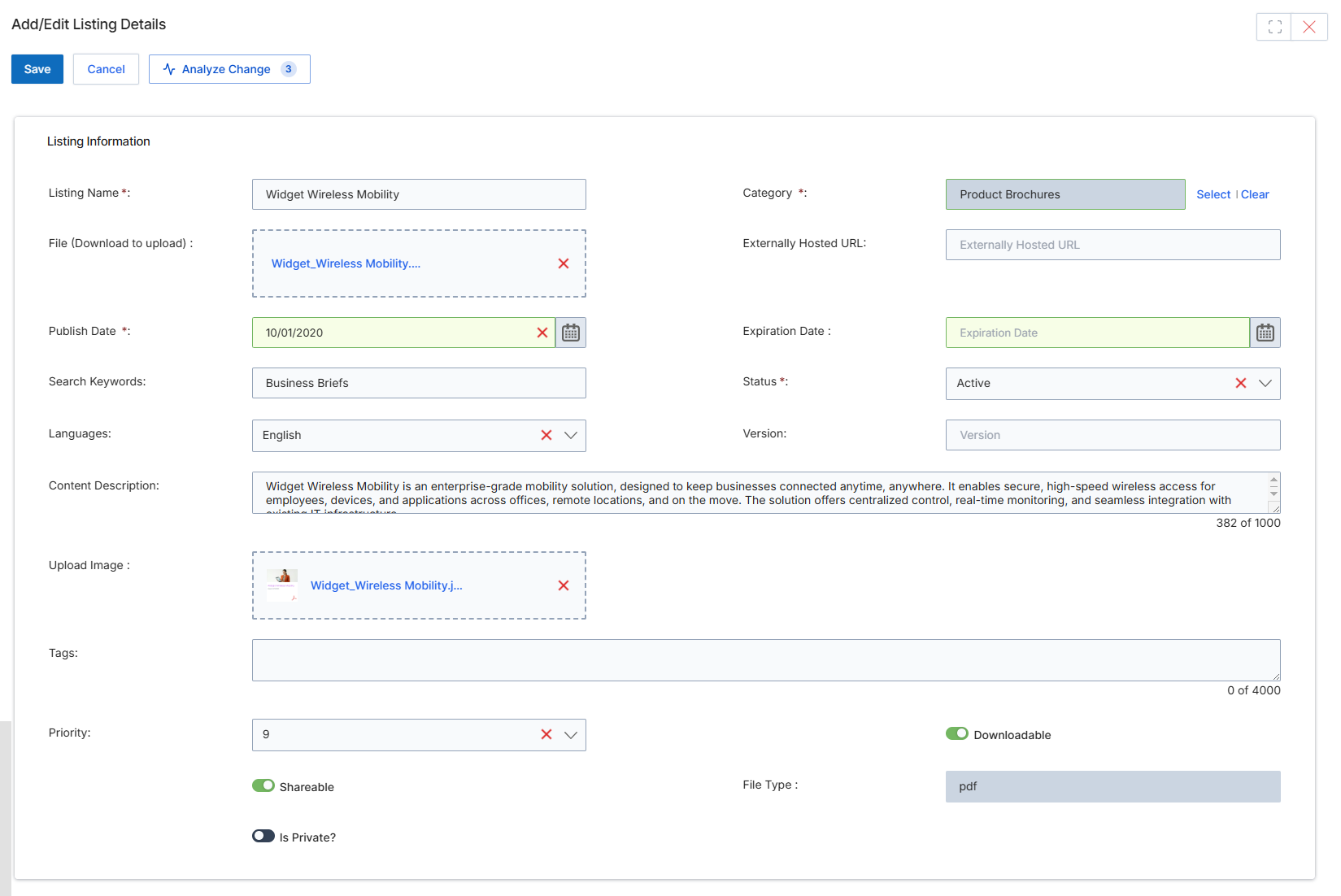 This screen displays the Add/Edit Listing Details form, which allows vendor administrators to modify the metadata and content associated with a specific content listing in the Content Library. Content listings are key entities within the Enable module, serving as a centralized repository for various types of partner-facing assets such as product brochures, battle cards, and marketing collateral. This form enables granular control over each listing's attributes, including its title, associated files, publication and expiration dates, search keywords, language, and descriptive content. Administrators can also manage visibility settings, such as whether the content is downloadable, shareable, or private, ensuring that partners have access to relevant and up-to-date resources based on their roles and permissions. The form supports uploading both primary content files and associated images, and provides fields for categorizing and tagging content to improve discoverability within the partner portal.
