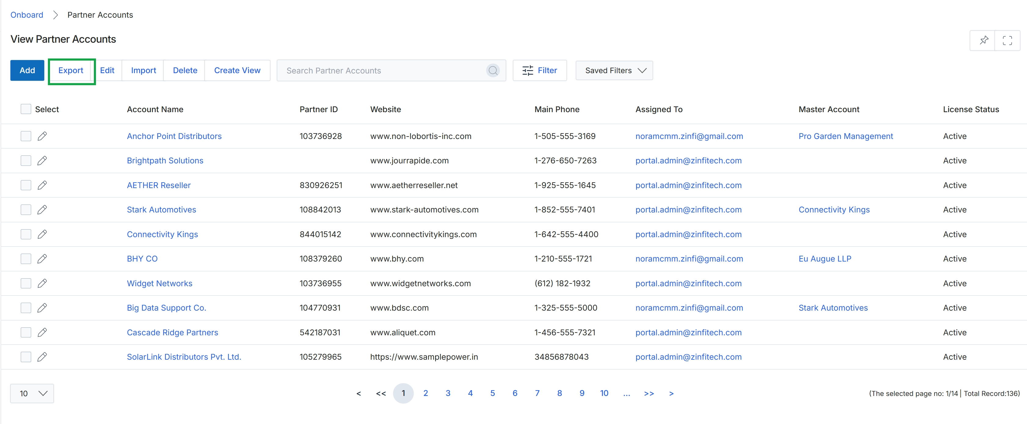 Partner Accounts list view with Add button highlighted