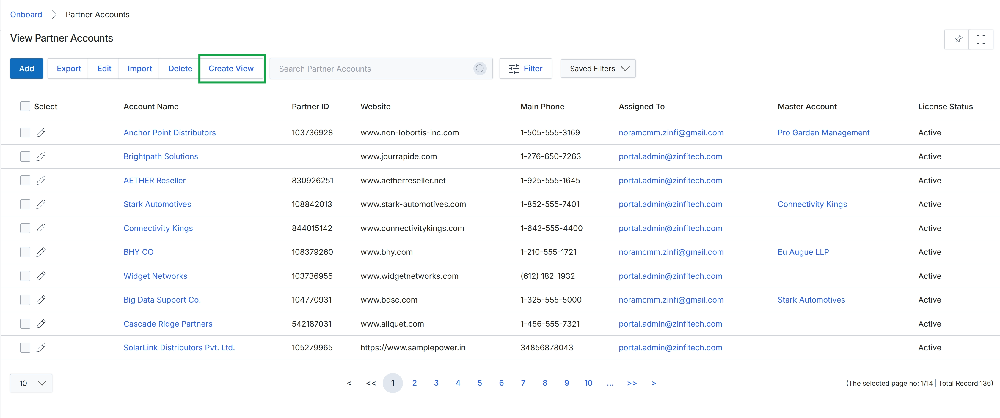 View Partner Accounts list page