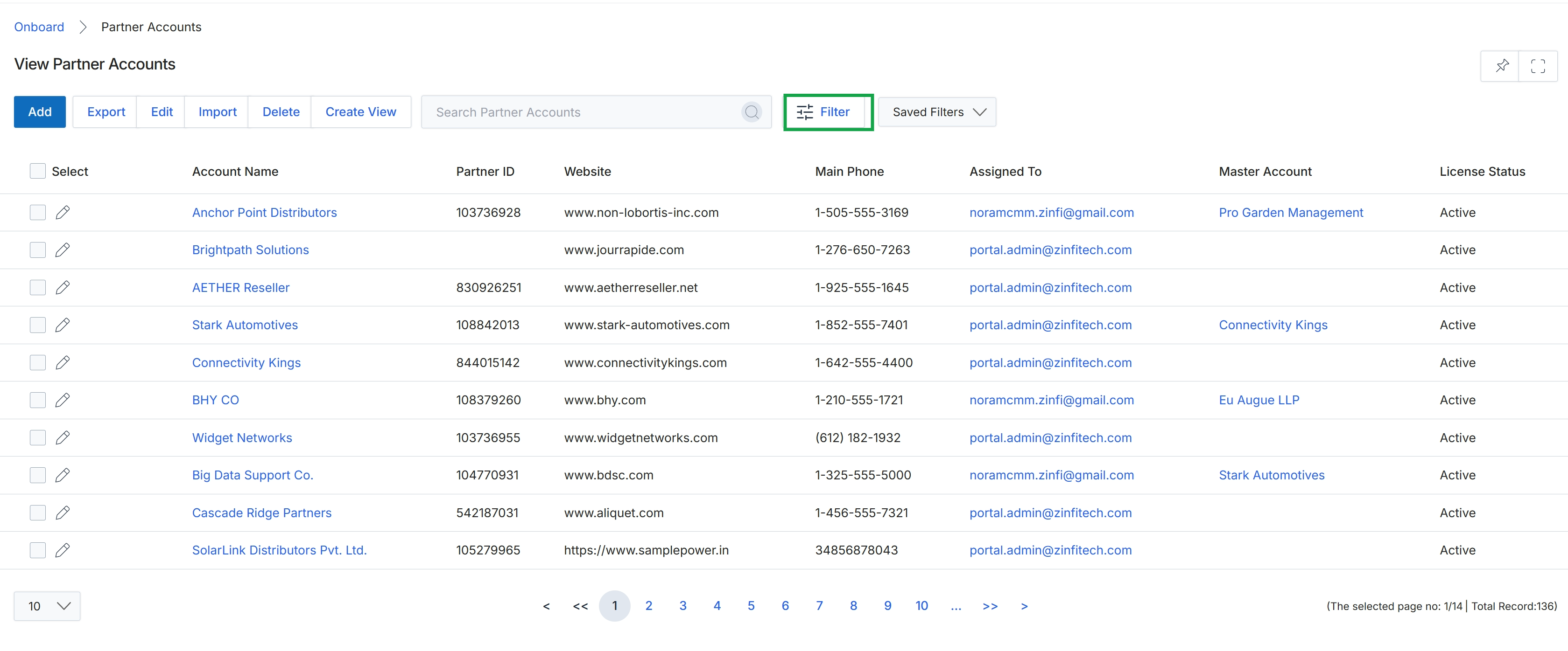 View Partner Accounts list
