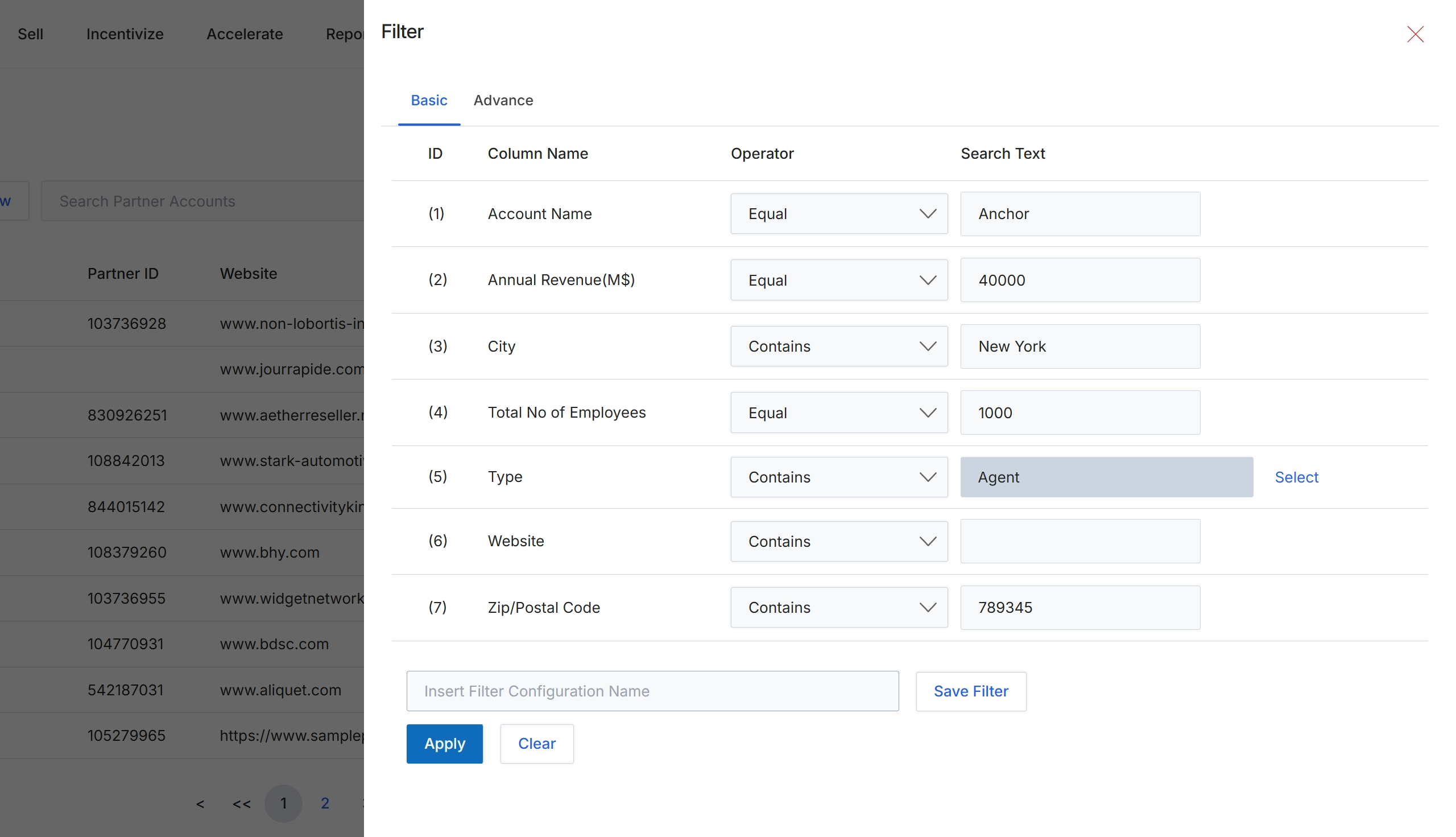 Partner Accounts filter configuration panel