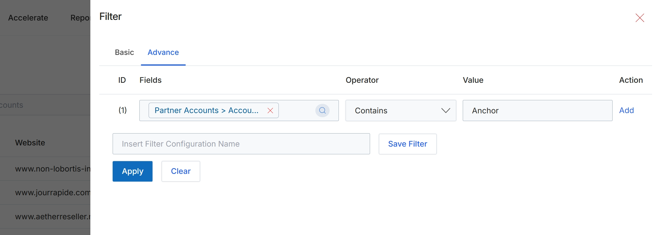 Advanced Filter configuration for Partner Accounts