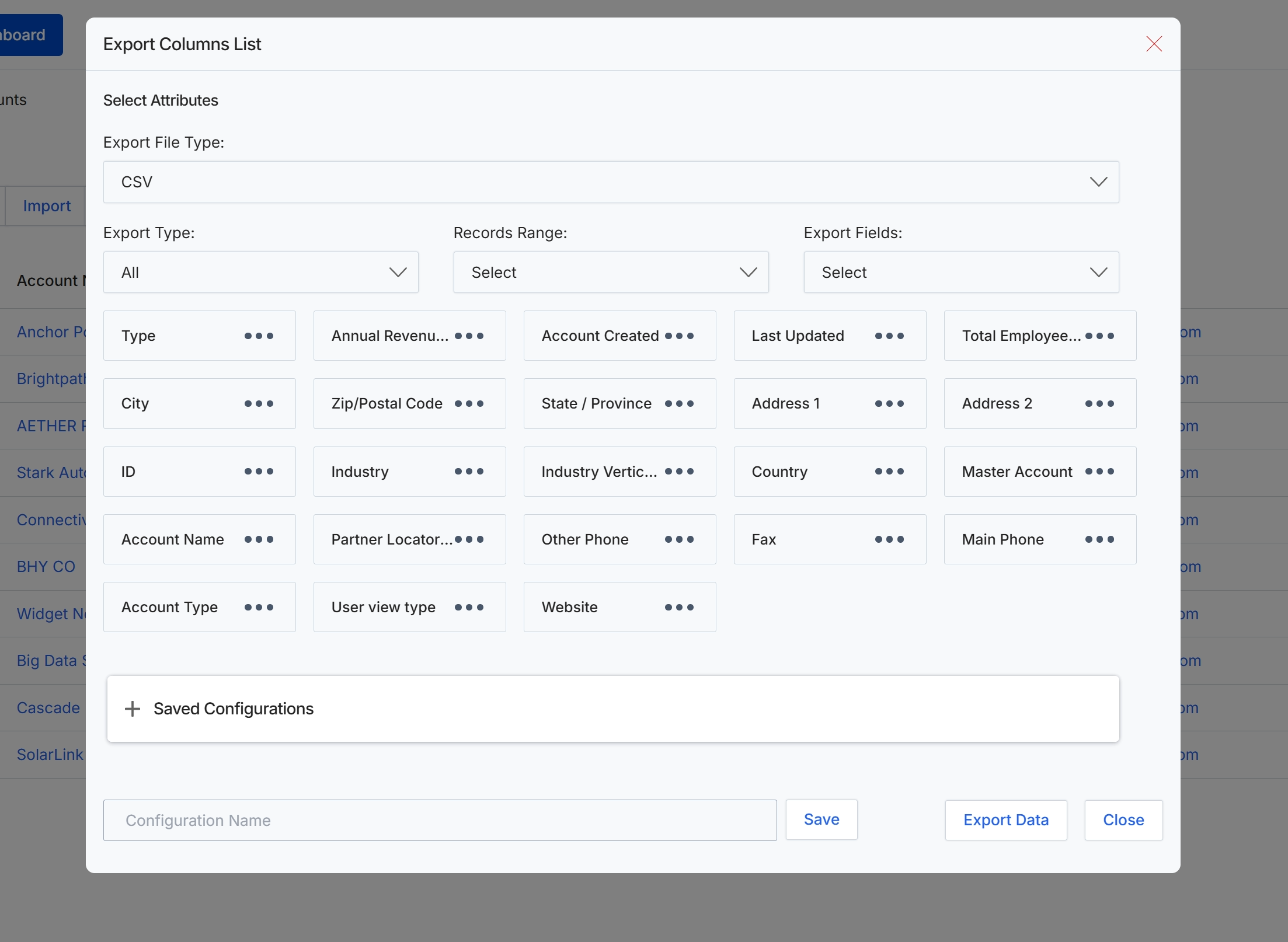 Export Columns List modal