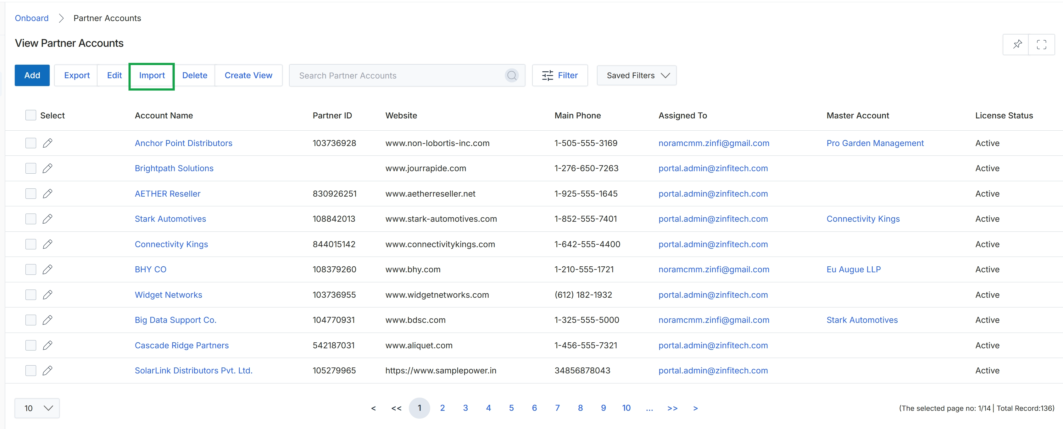 Partner Accounts list view