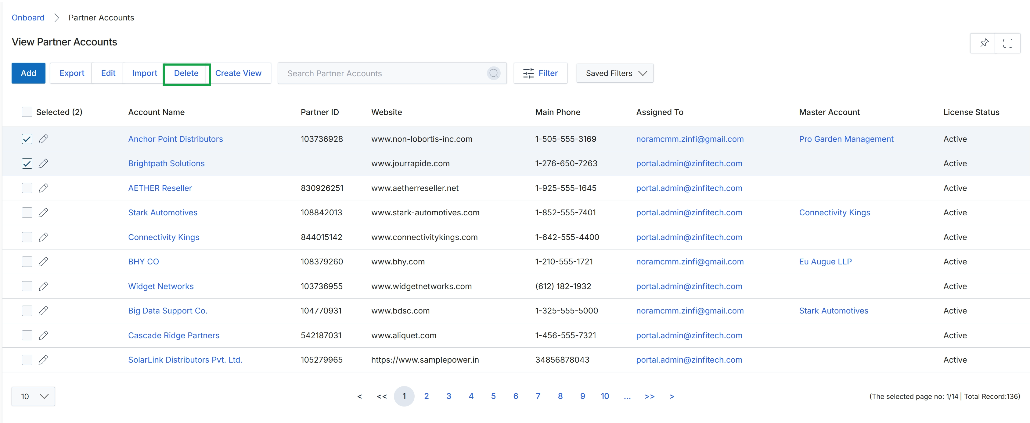 Partner Accounts list view