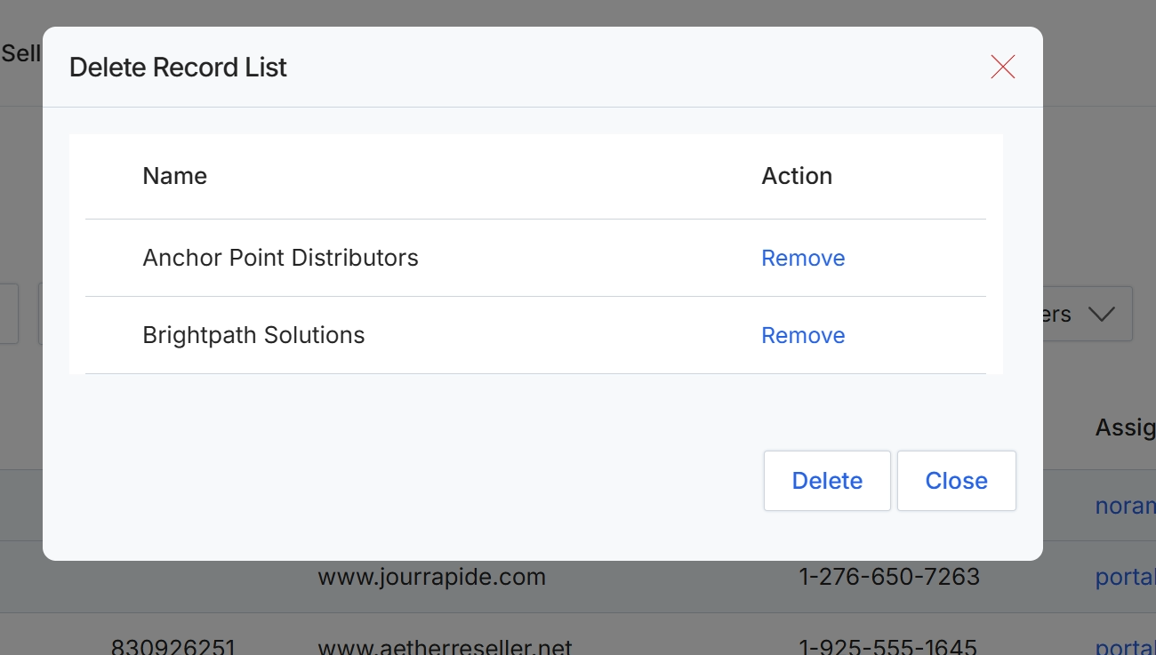 Delete Record List dialog