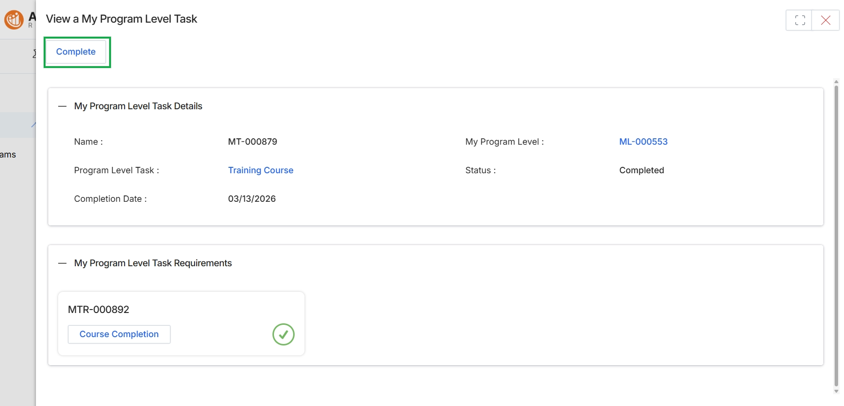 View a My Program Level Task screen