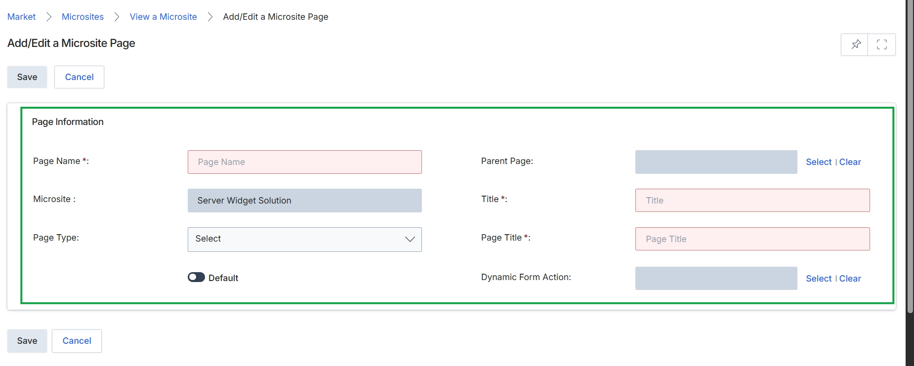 Add/Edit a Microsite Page form
