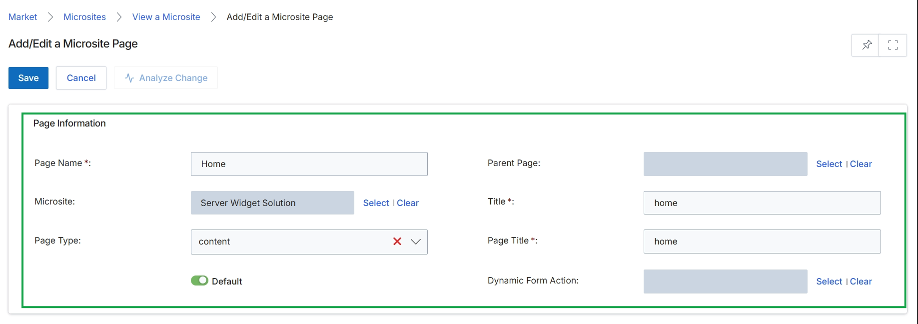 Microsite page add/edit form
