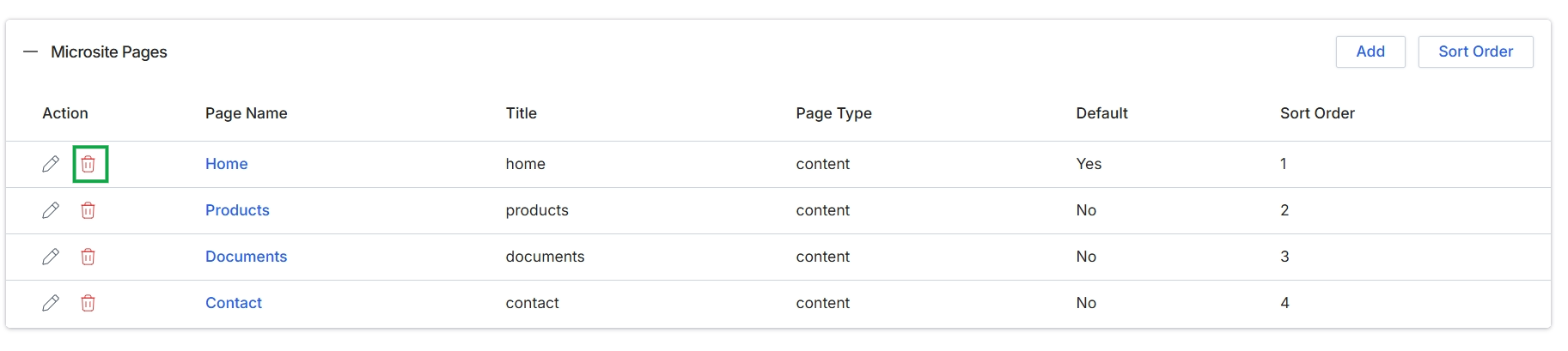 Microsite Pages list with Delete icon highlighted