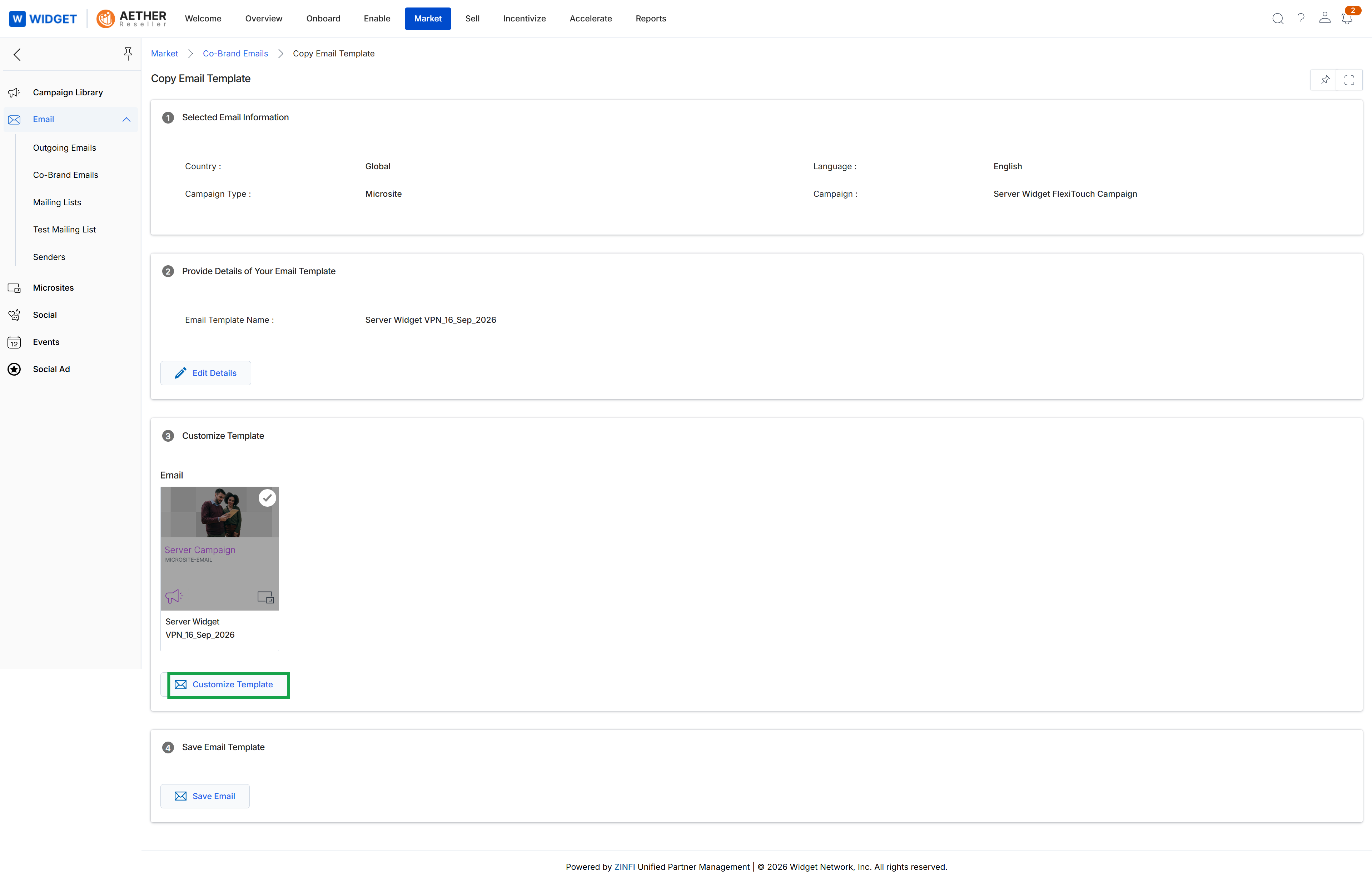 Copy Email Template screen