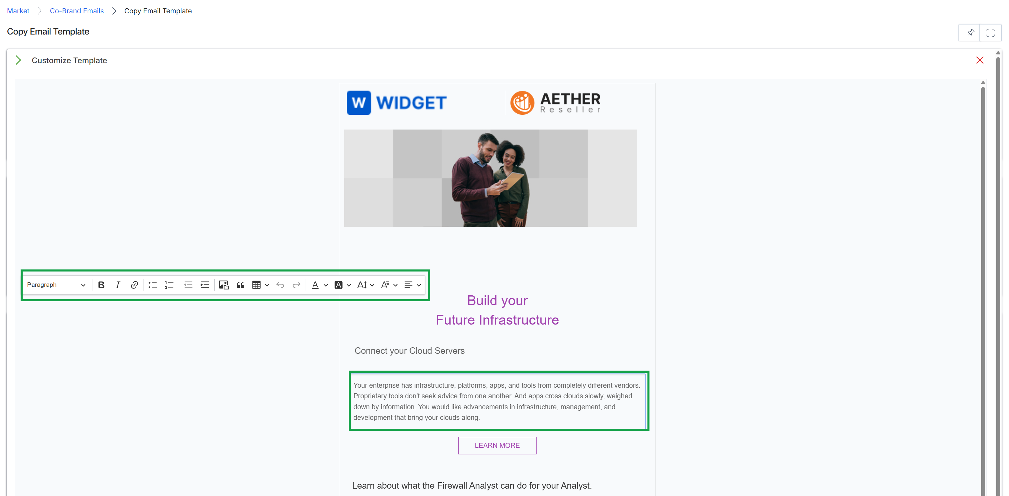 Co-branded email template customization view