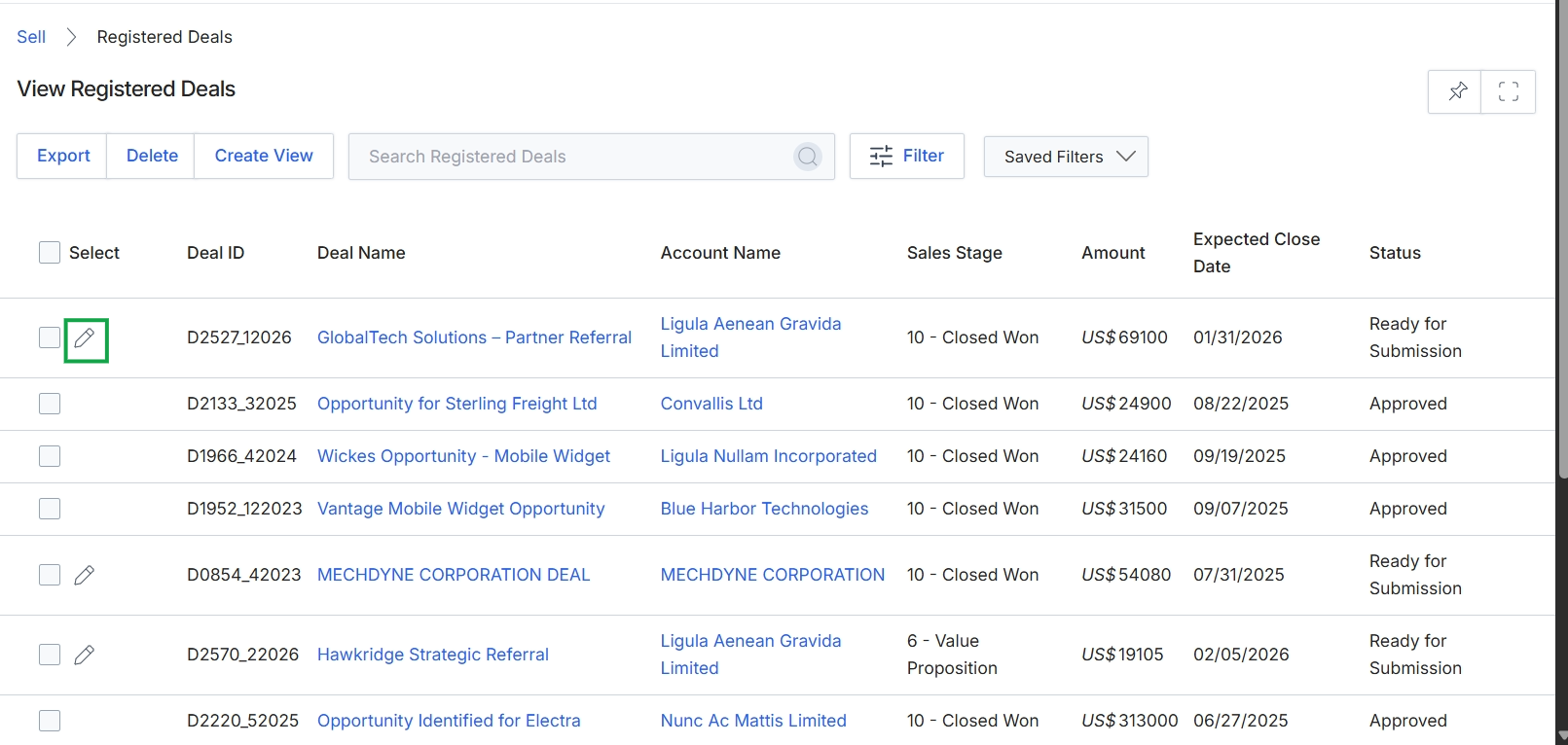 Registered Deals list view
