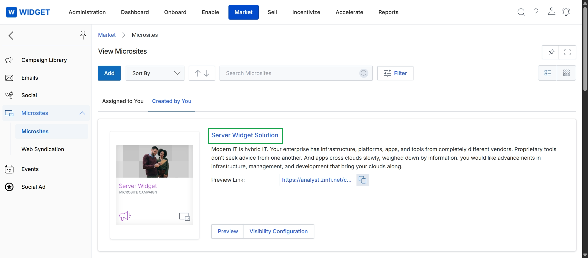 Microsites list view