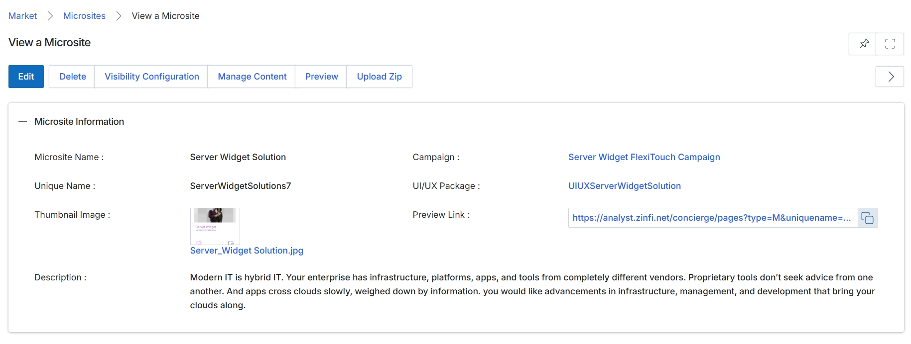 View a Microsite details page