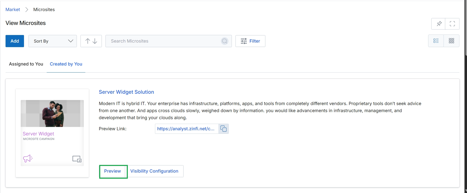 Microsites list view with preview button highlighted