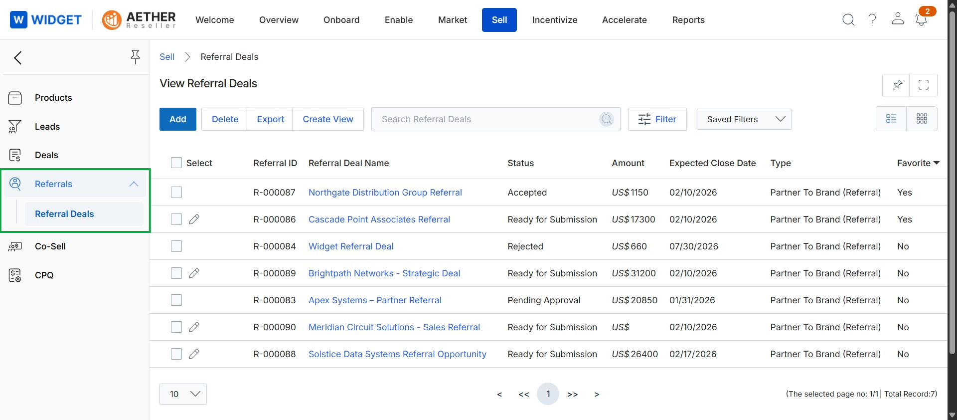 Referral Deals list view
