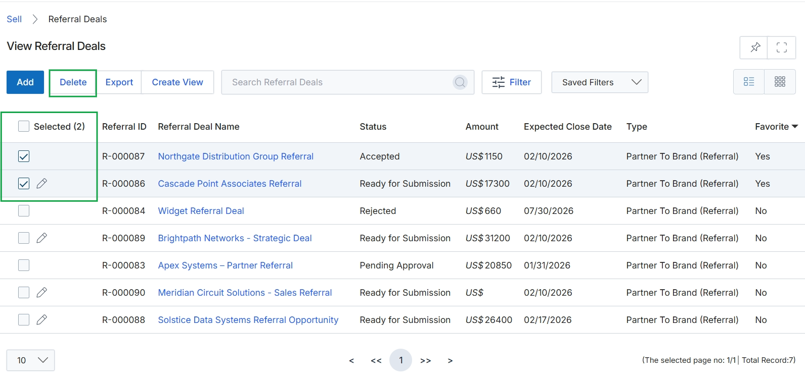 View Referral Deals list with items selected for deletion