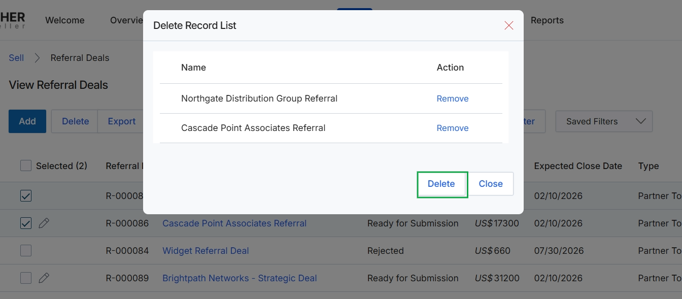 Delete Referral Deals confirmation dialog