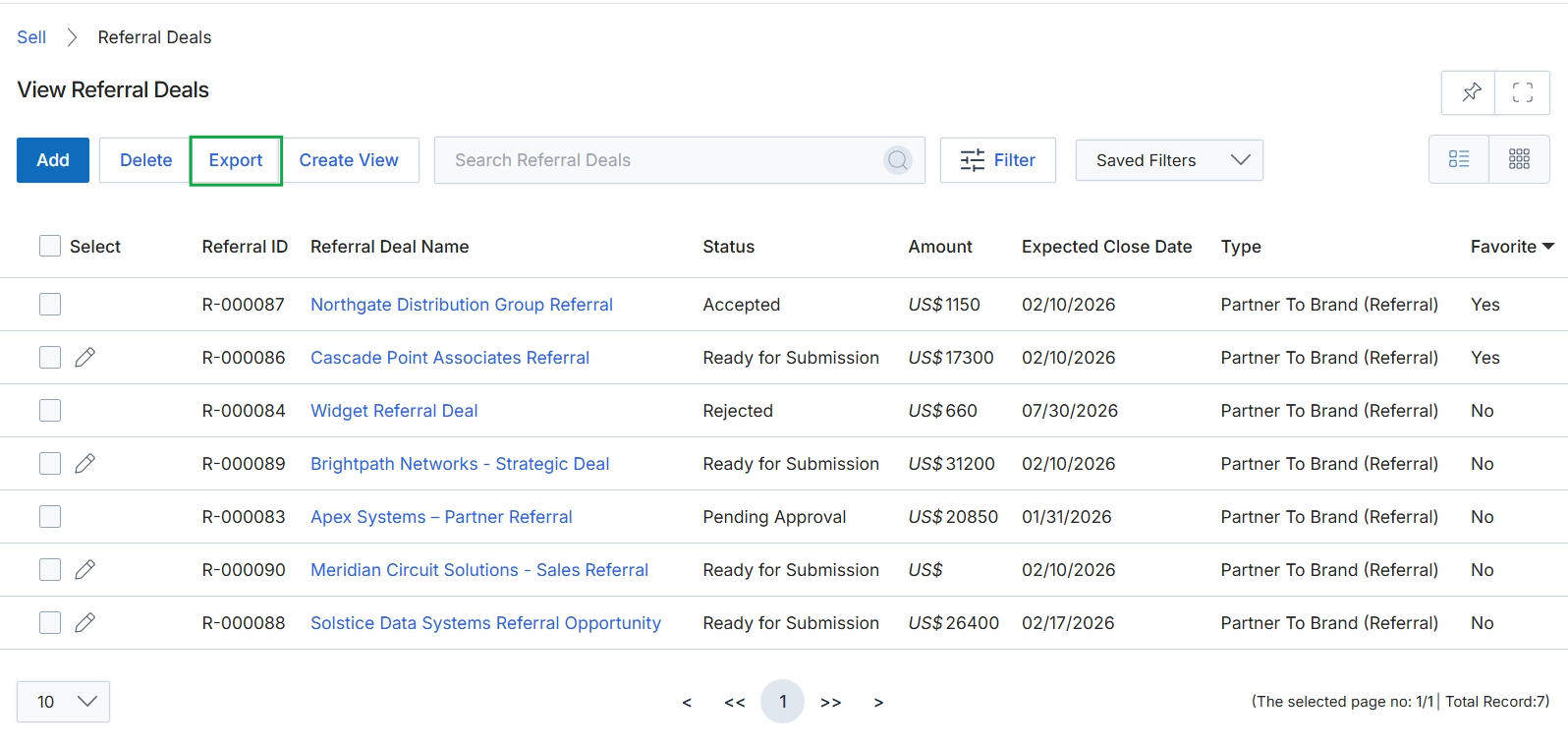View Referral Deals list page