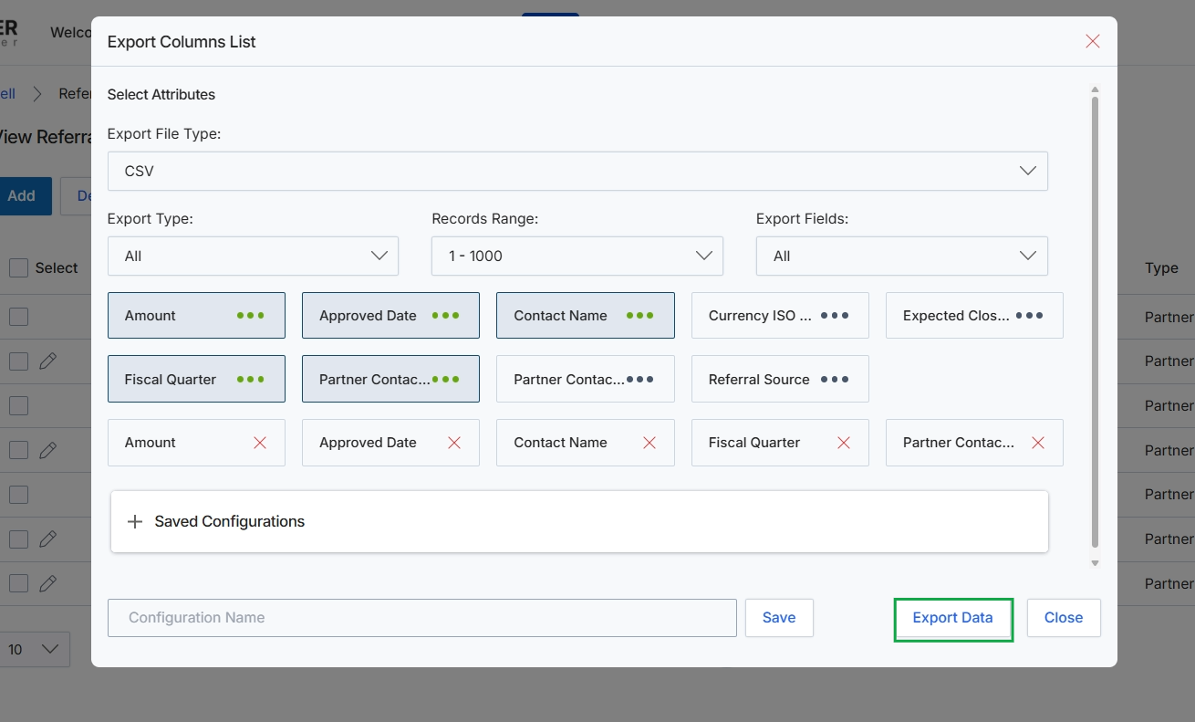 Export Columns List dialog