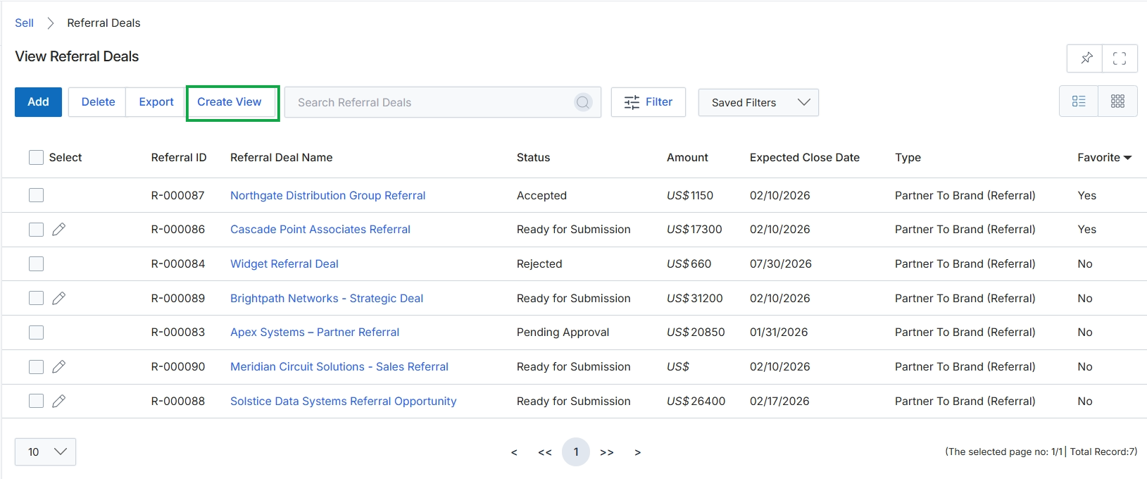 View Referral Deals list page with export modal closed