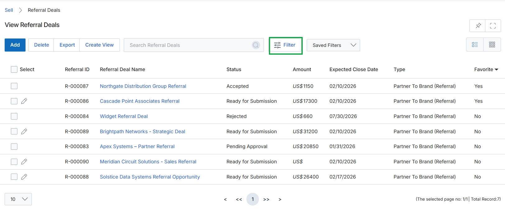Referral Deals list view with Filter button highlighted