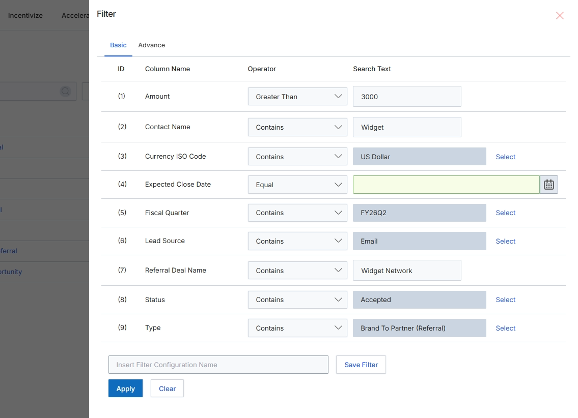 Filter configuration dialog