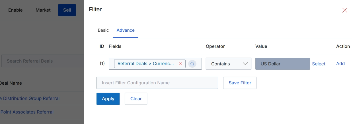 Advanced Filter configuration for Referral Deals