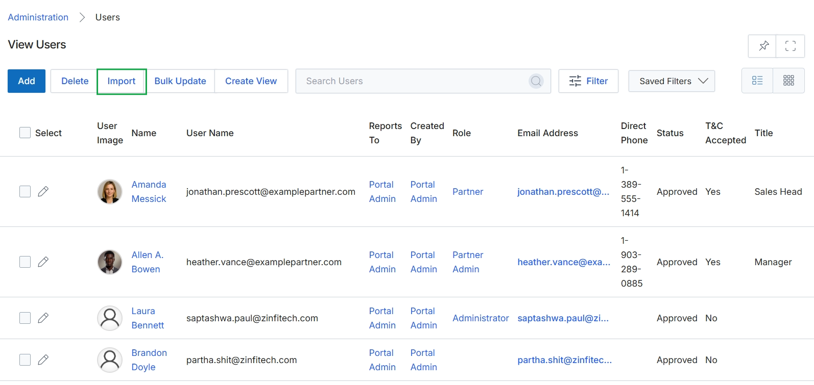 Users list view with action buttons