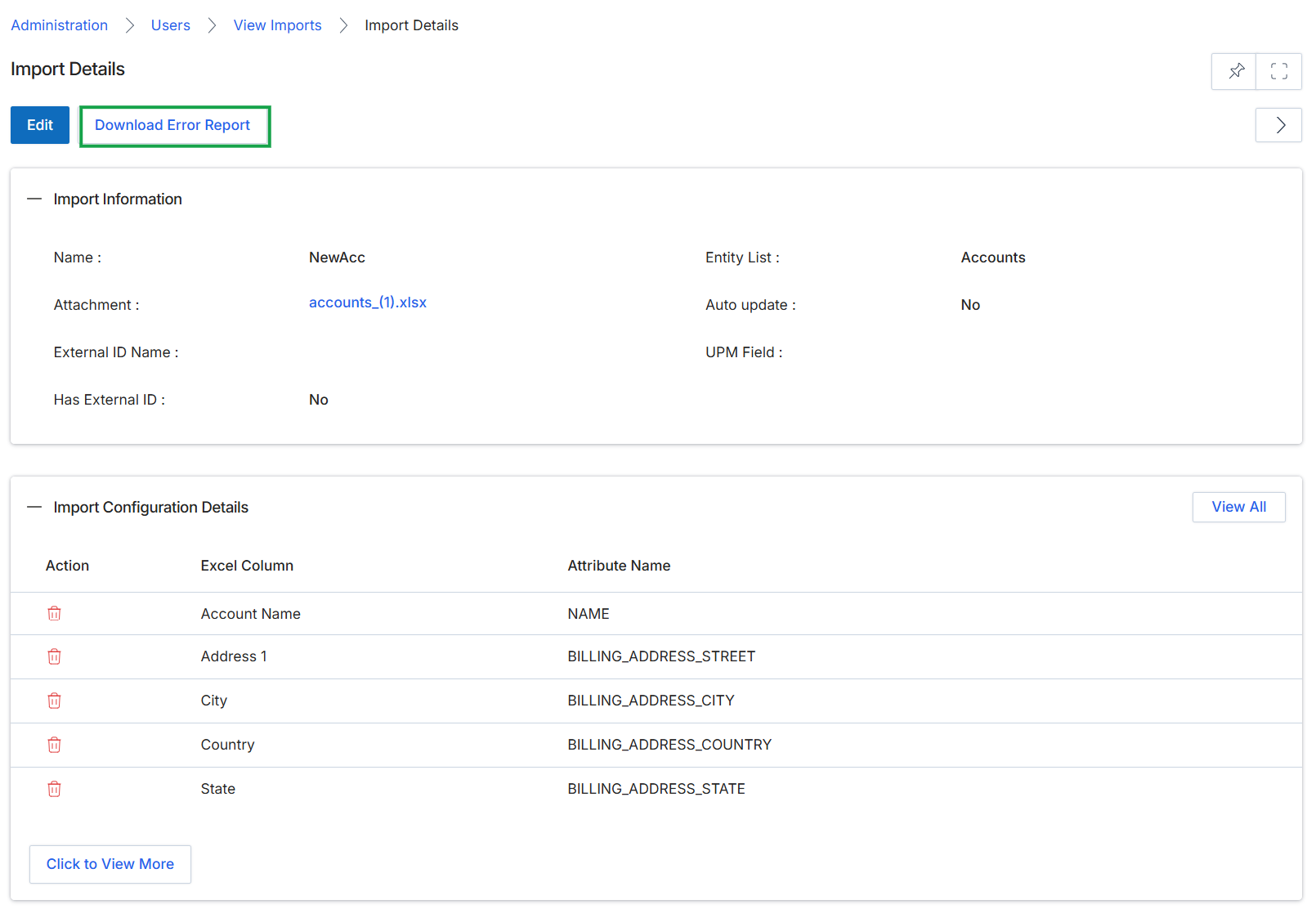 Import Details screen