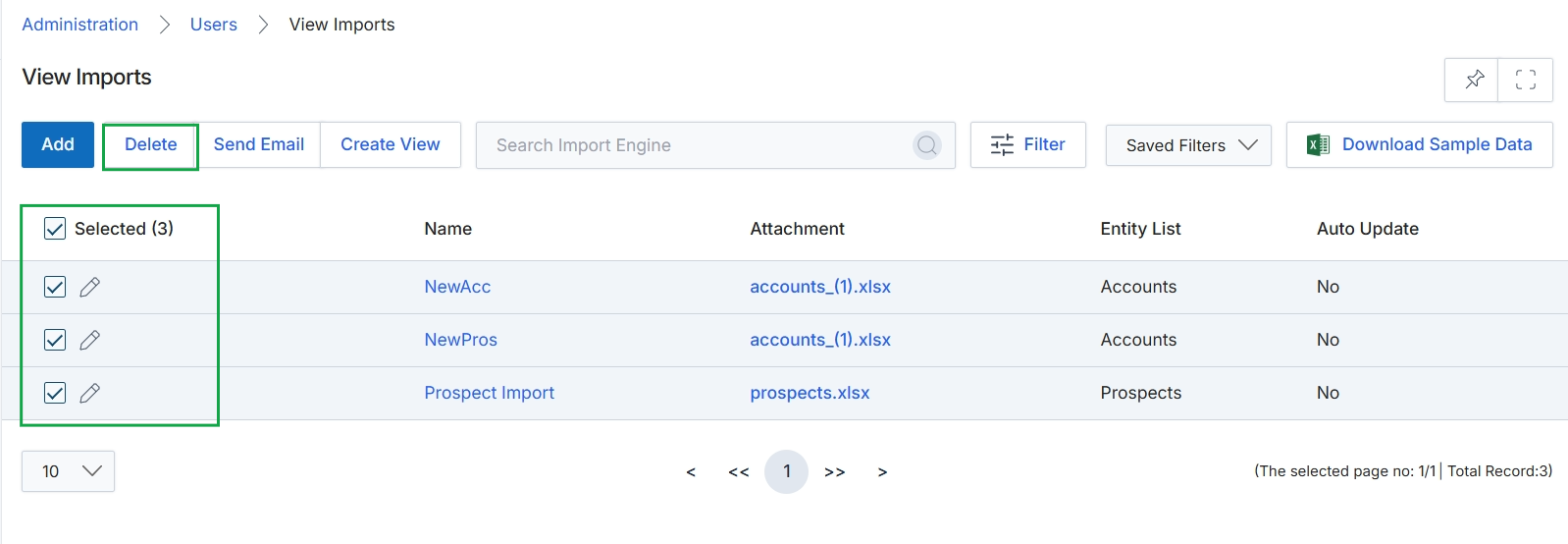 View Imports list with all items selected