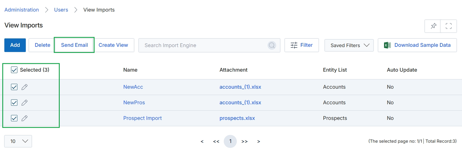 View Imports page with Send Email button highlighted