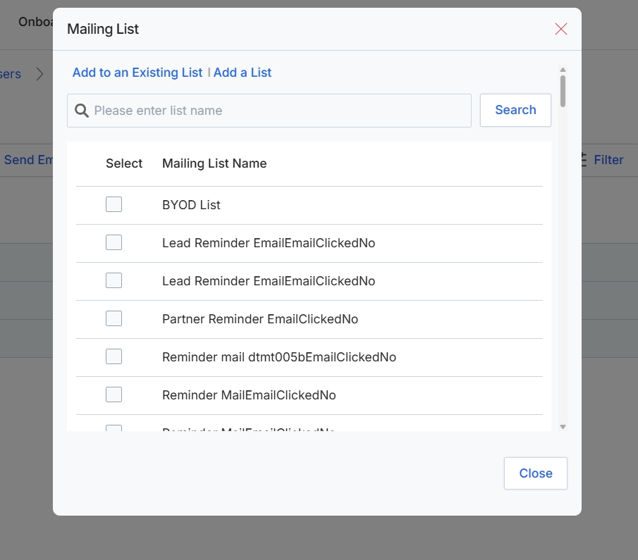 Mailing List selection dialog