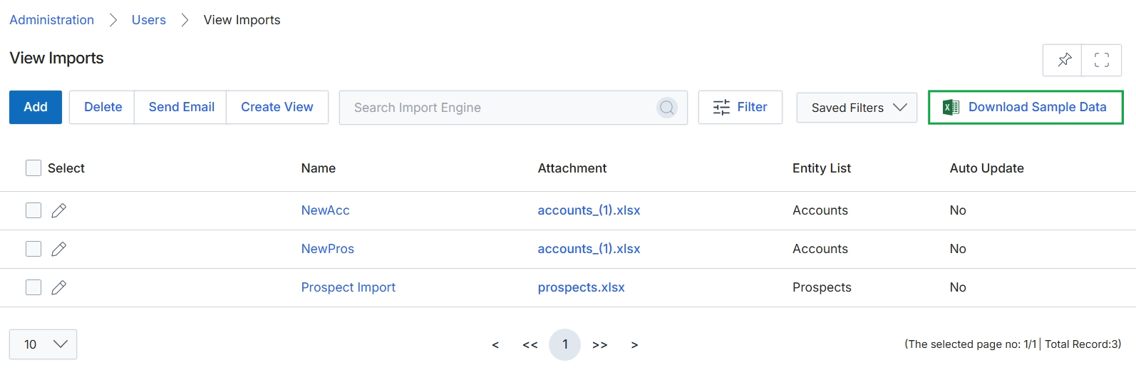 View Imports page with Download Sample Data button highlighted