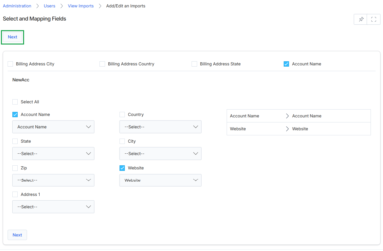 Select and Mapping Fields for Import