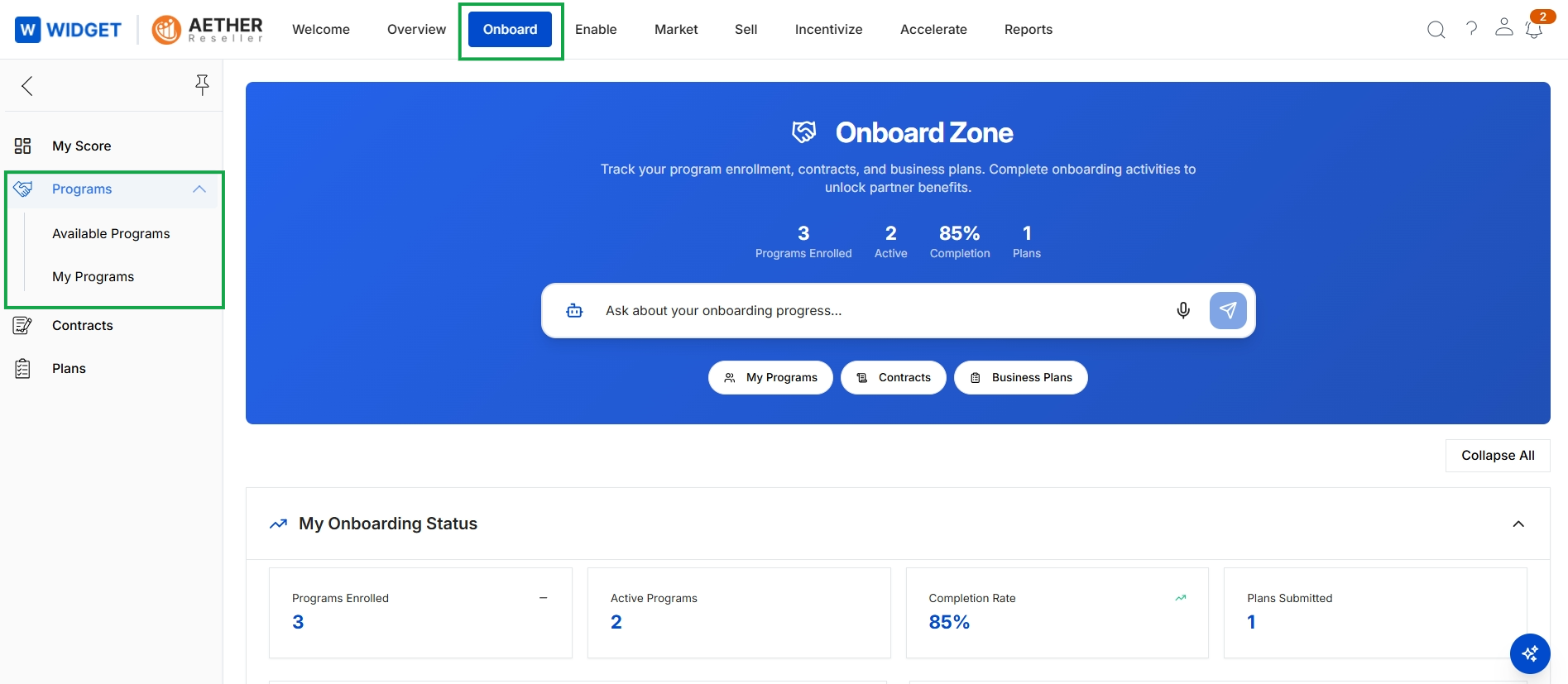 Onboard Zone landing page with Programs menu expanded