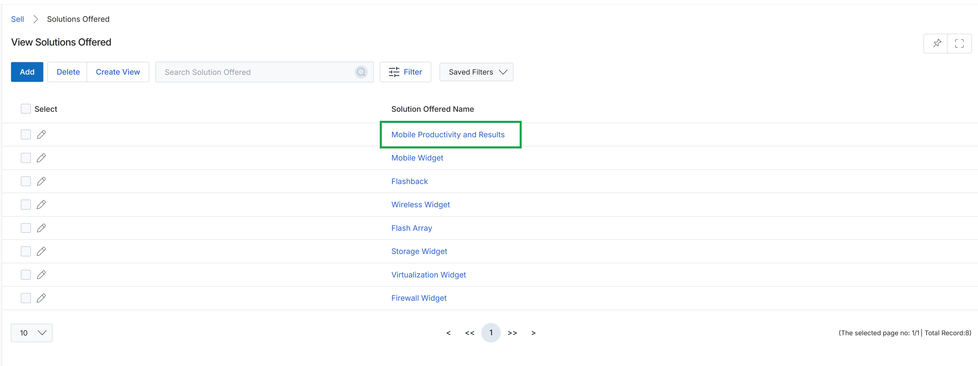 View Solutions Offered list page