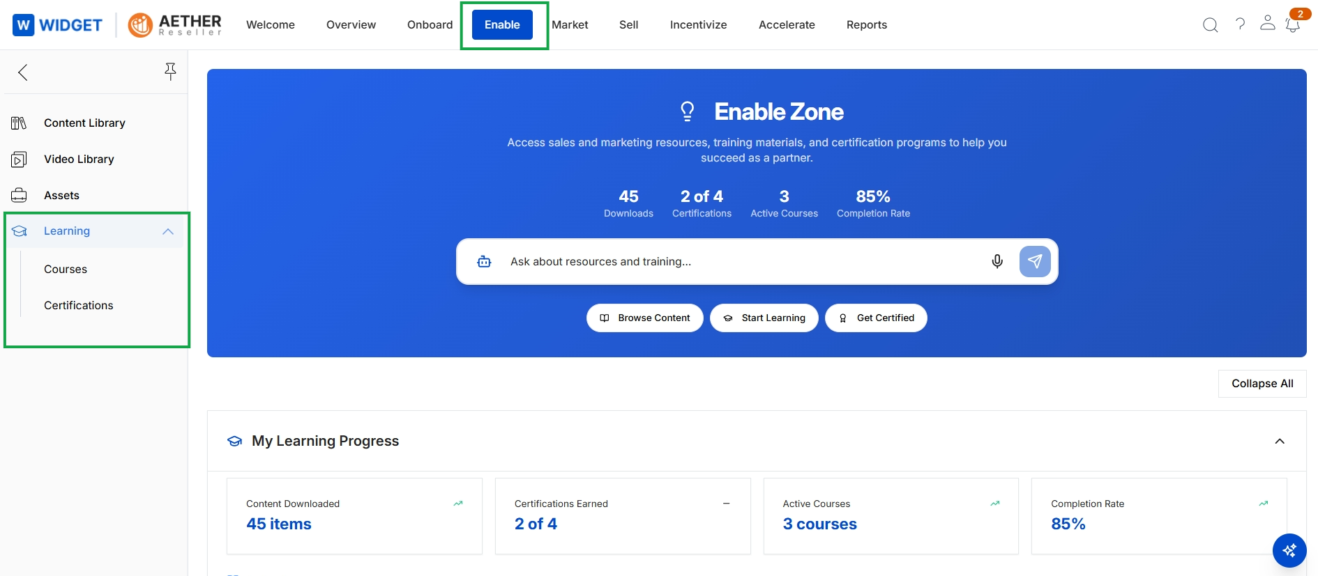 Enable module landing page with Learning menu expanded