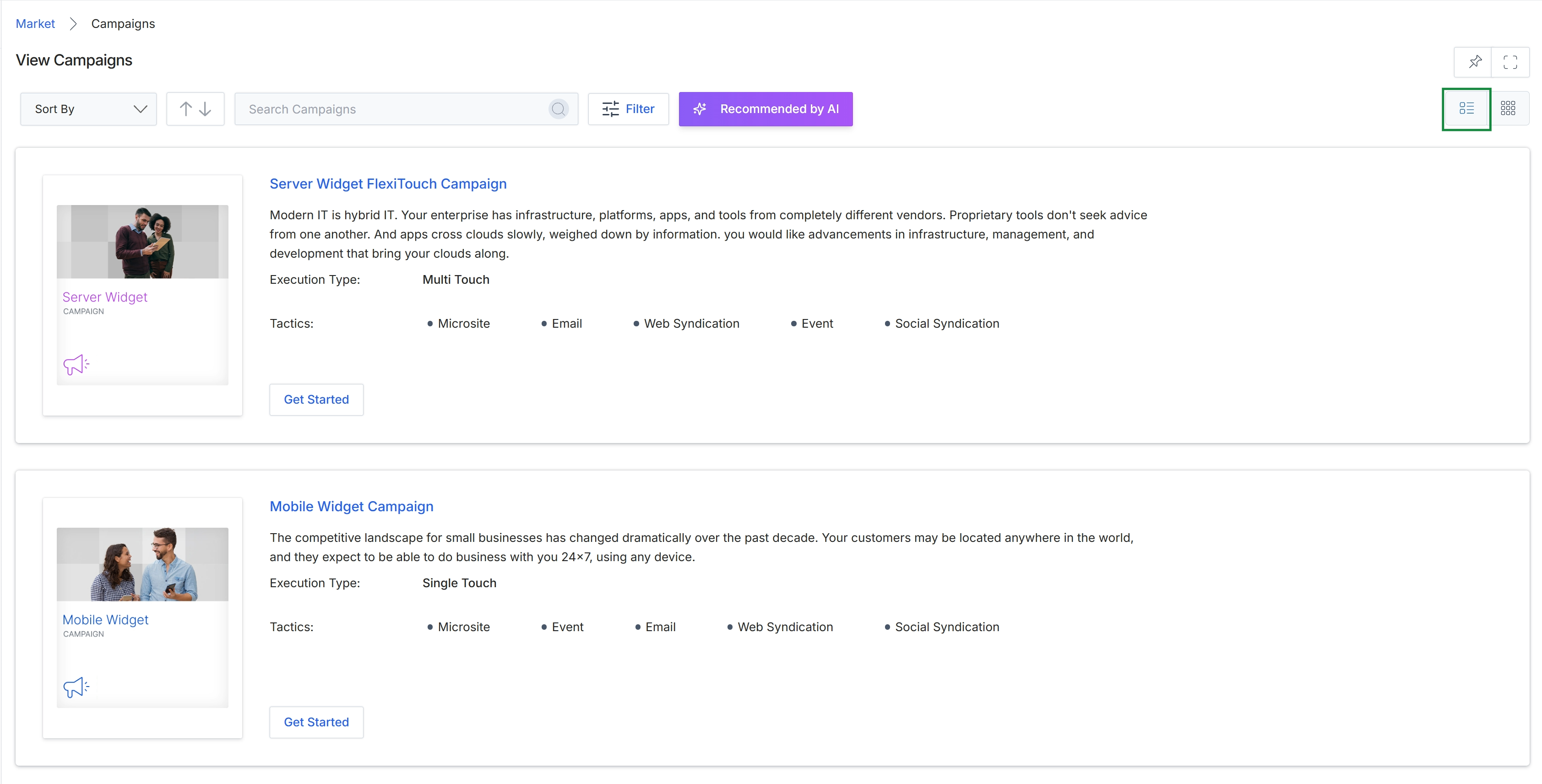 Campaigns list view toggle